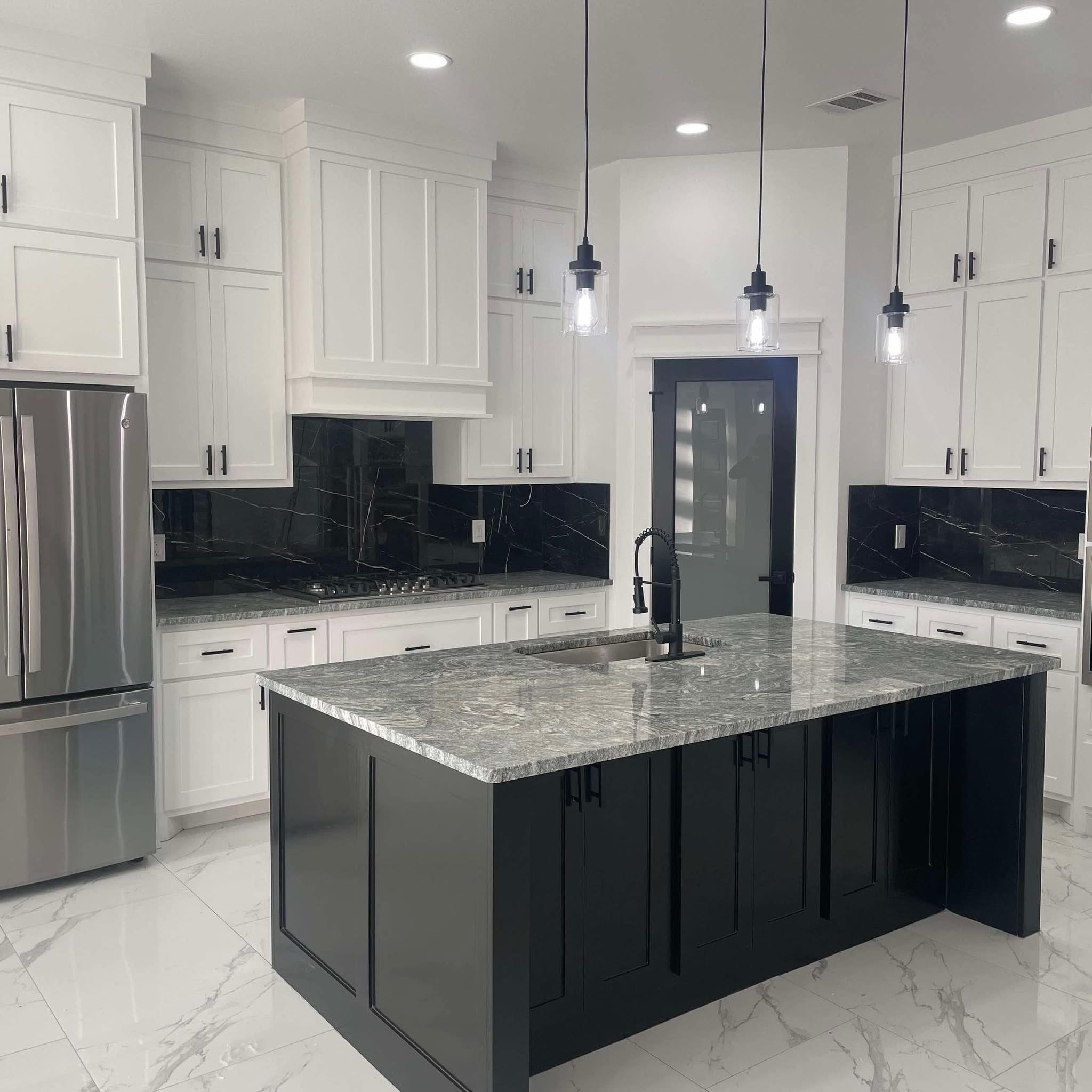 Polished stone surface with rich green backdrop